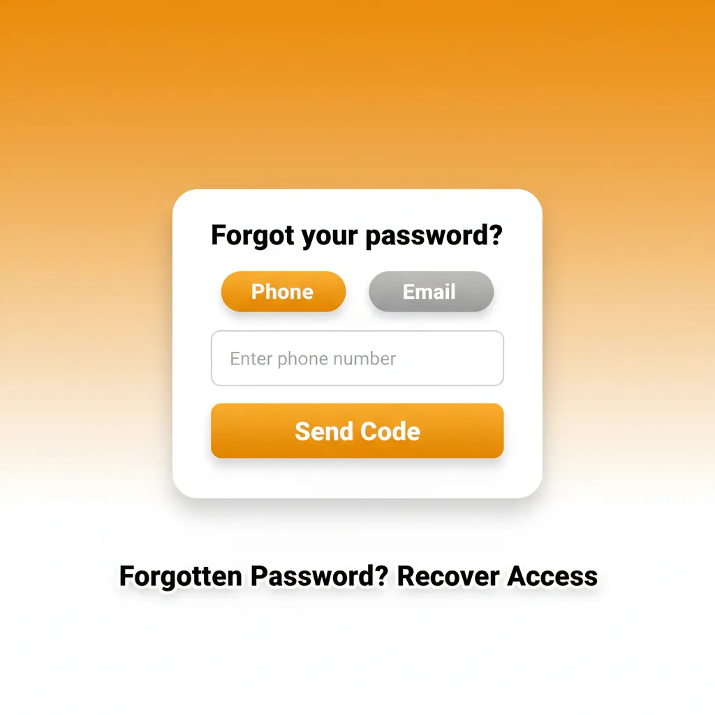 Forgotten Password? Recover Access screen showing email or SMS reset code options and steps to create a new password.