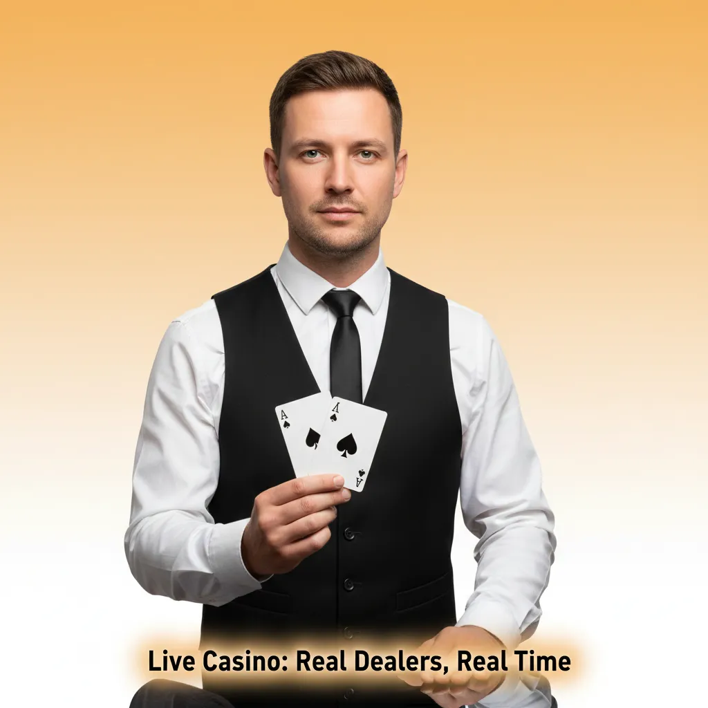 Studio live casino with real dealers on camera; roulette, blackjack, baccarat, game shows, and poker streamed live.