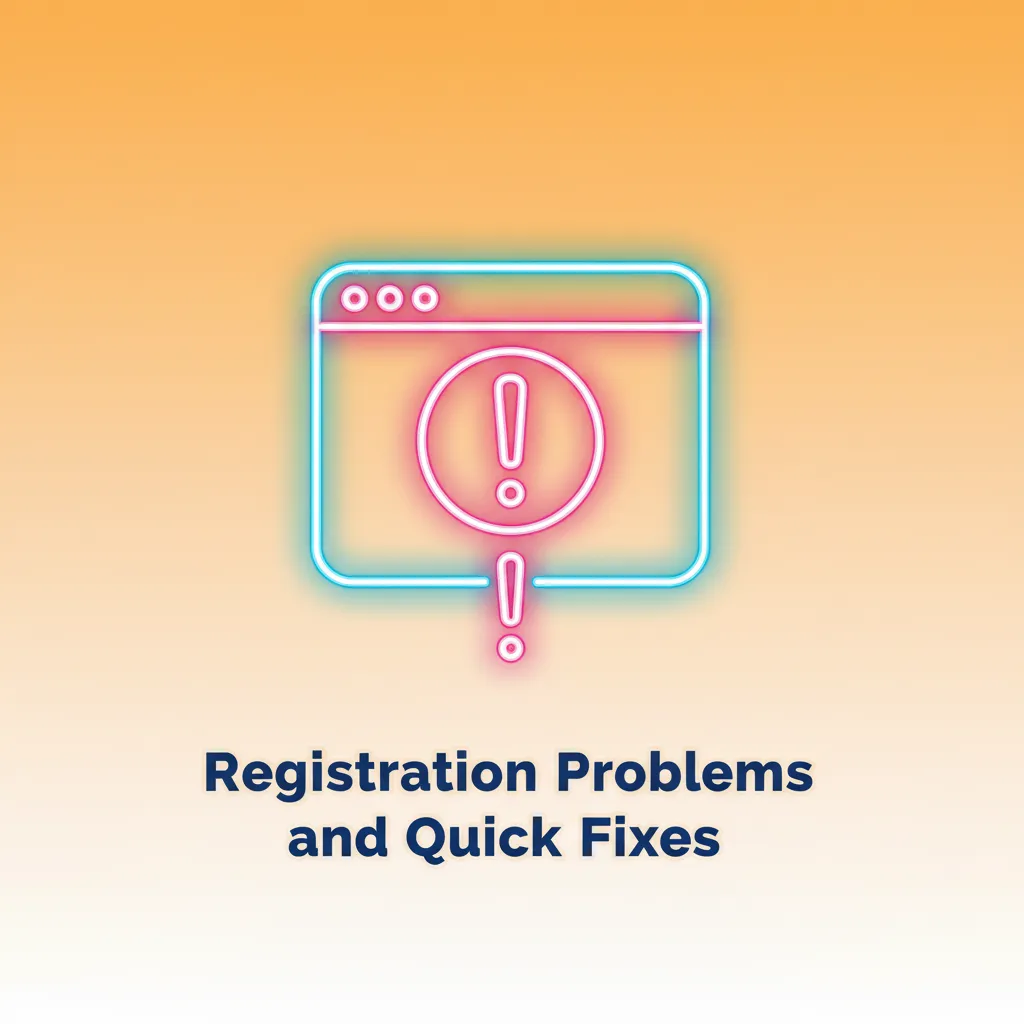 Guide 'Registration Problems and Quick Fixes' with fixes for no code, ID upload, address, payment, existing acct issues.