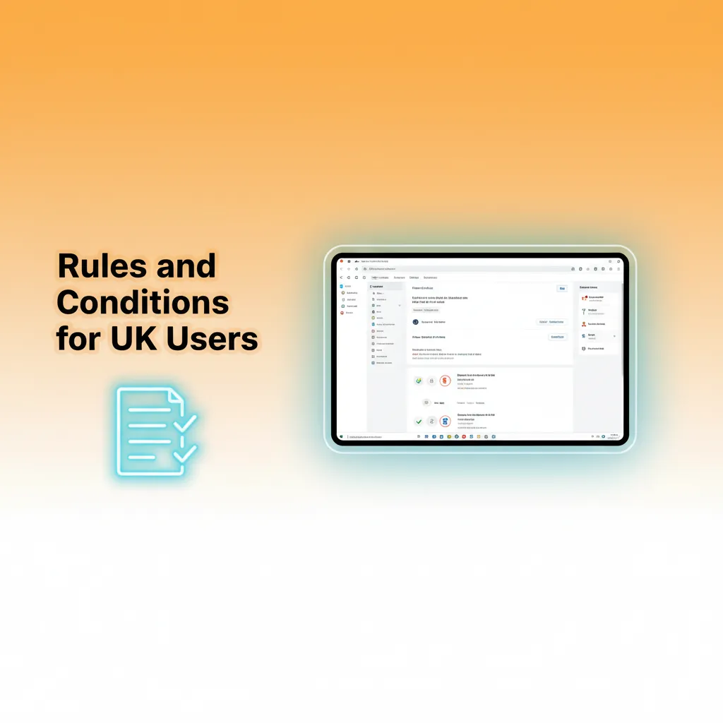 Graphic titled Rules and Conditions for UK Users: 18+ ID check, one account, x40 wagering, withdrawal checks.
