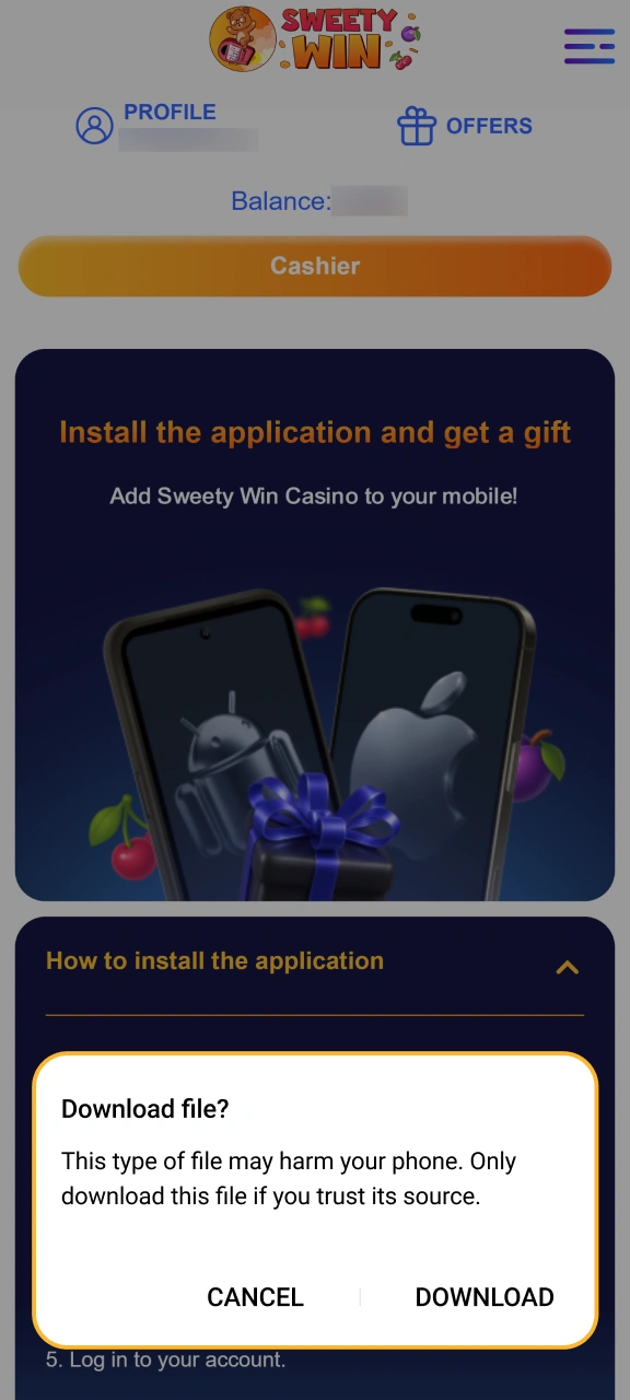 Confirm the APK file download to proceed on Sweety Win.