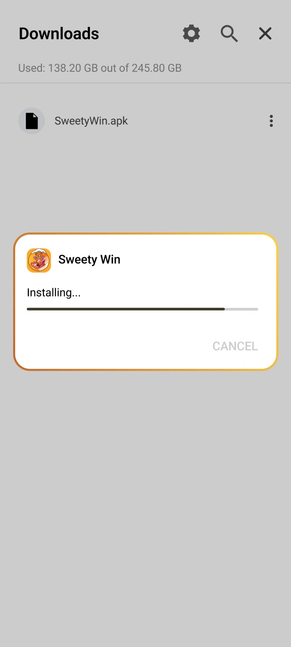 Complete the APK installation to access Sweety Win games.