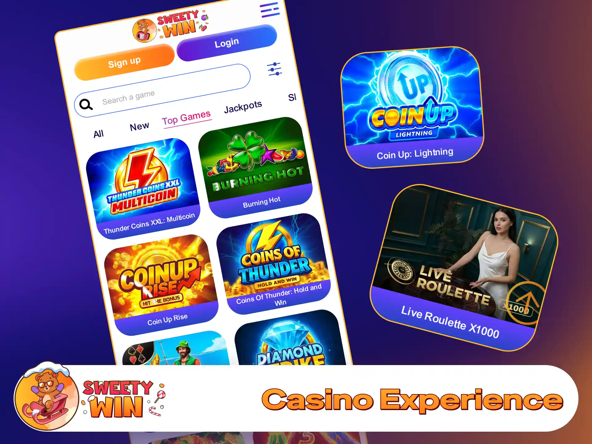 Enjoy top slots and live casino tables inside Sweety Win.