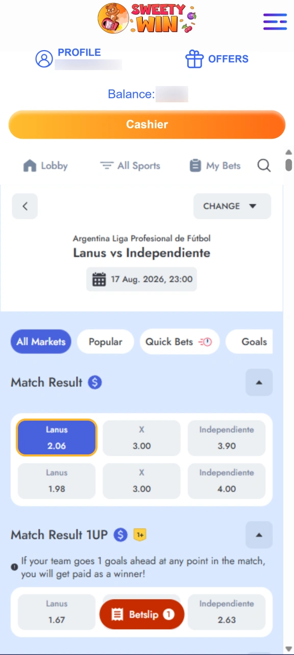 Select your sports market and betting odds on Sweety Win.