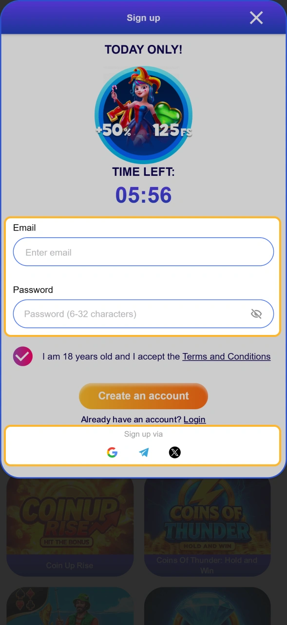 Select your preferred registration option on Sweety Win Casino app.