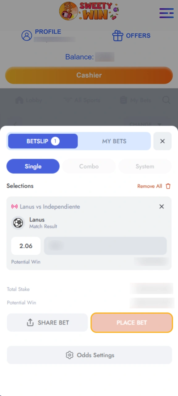 Confirm your sports prediction to finalize wagers on Sweety Win.