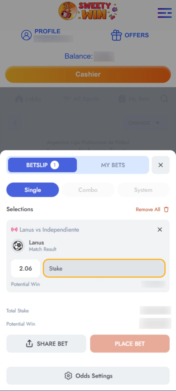 Type your wager stake amount into the Sweety Win betslip.
