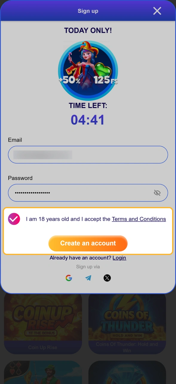 Complete your account registration process on Sweety Win Casino app.