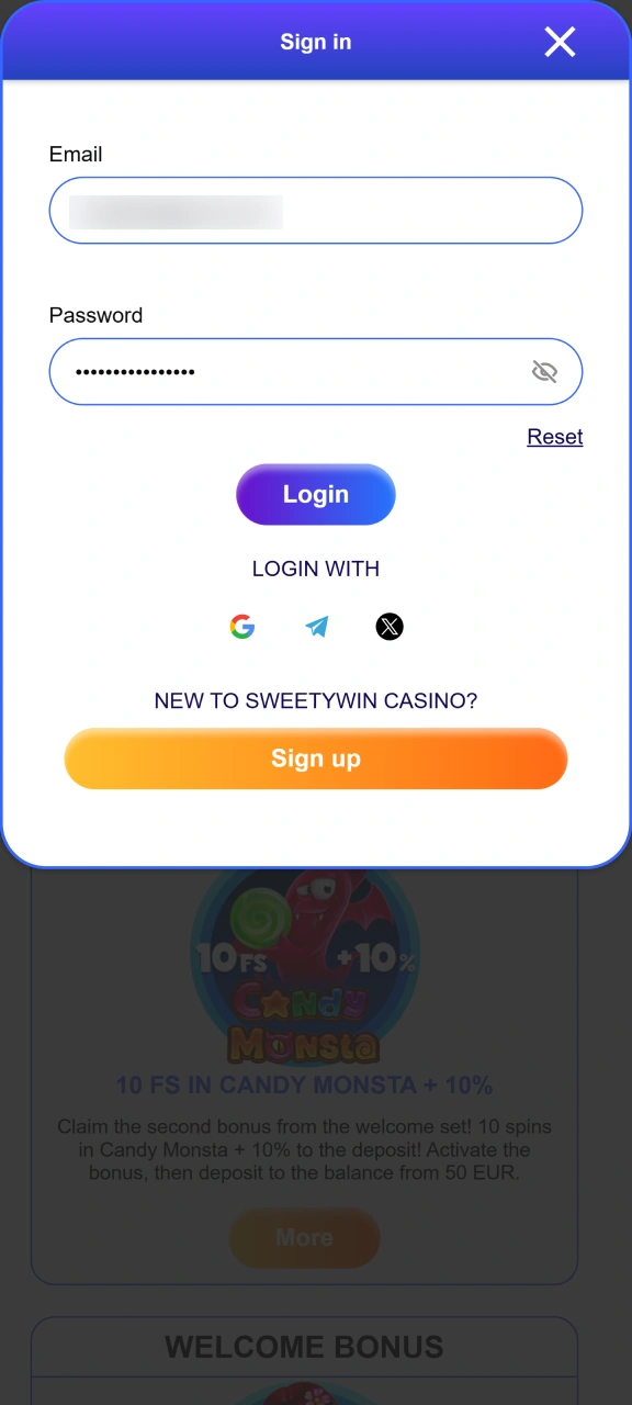 Sign in and top up your balance on Sweety Win.