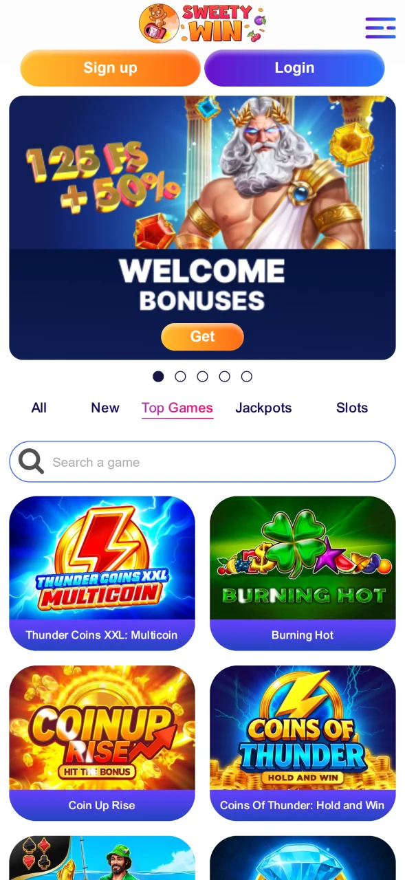 Launch the mobile application to start registering at Sweety Win.