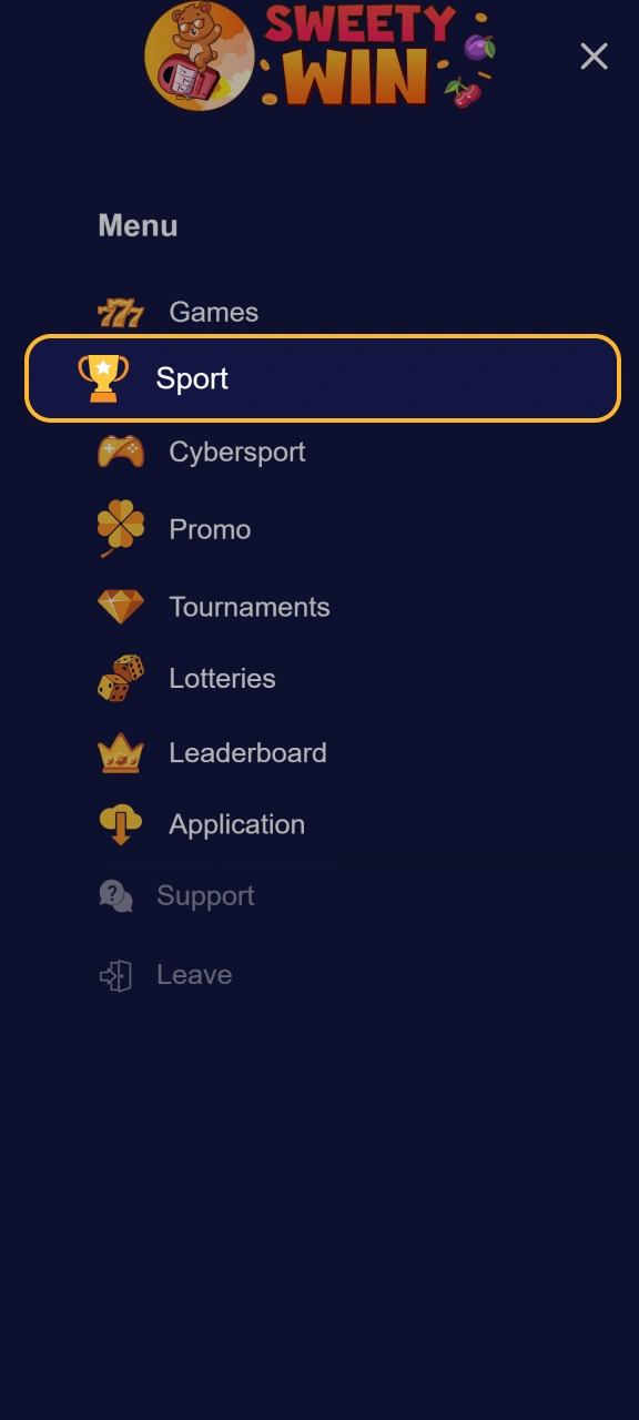 Navigate to sports and select live or pre-match Sweety Win events.