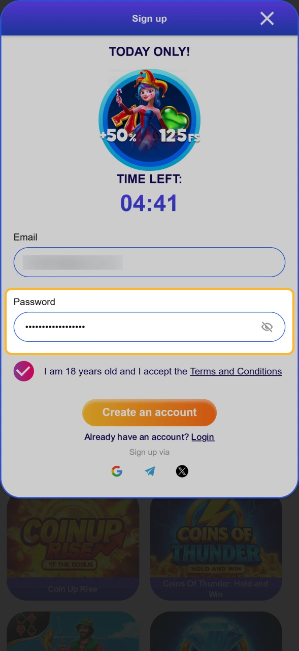 Create a password and verify contact details for Sweety Win.