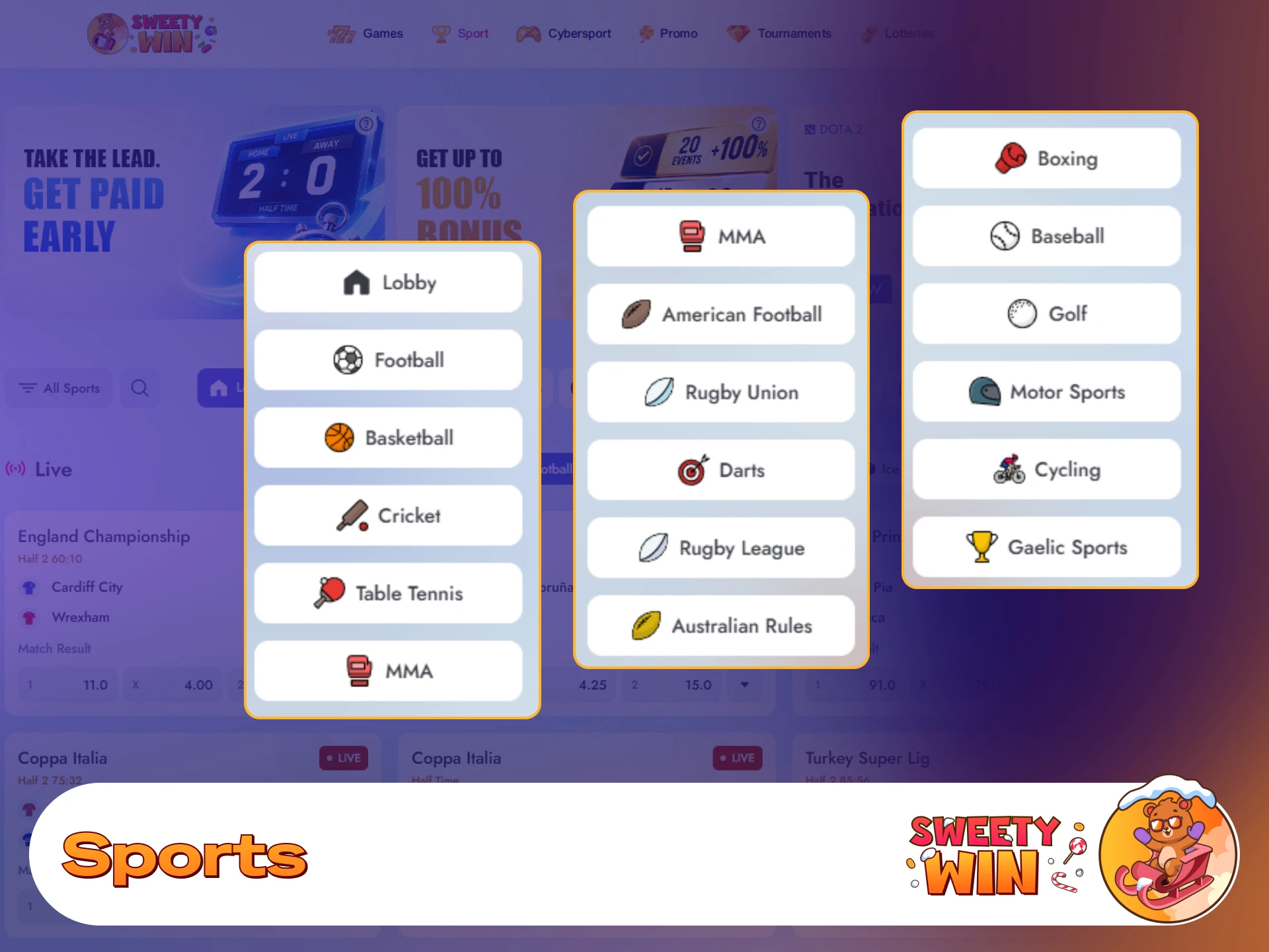 Explore available sports betting markets on the Sweety Win app.
