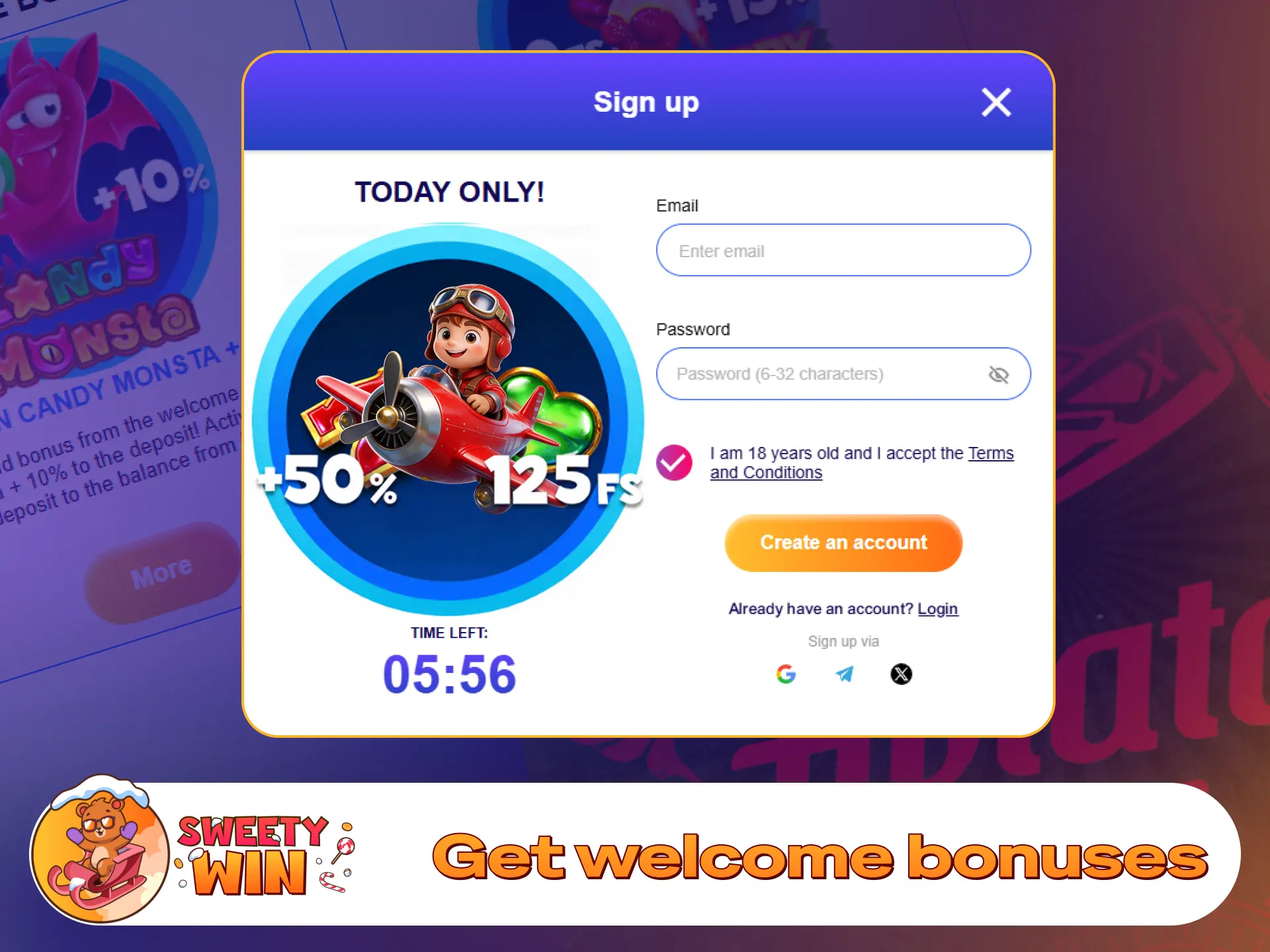 Activate promotional bonuses to play Aviator at Sweety Win Casino.