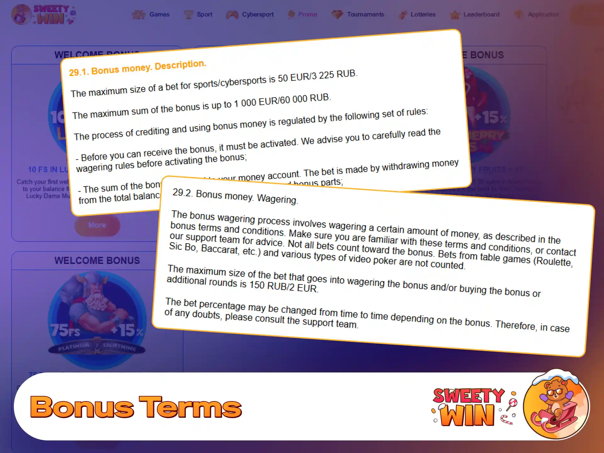 Read wagering rules and promotional conditions at Sweety Win.