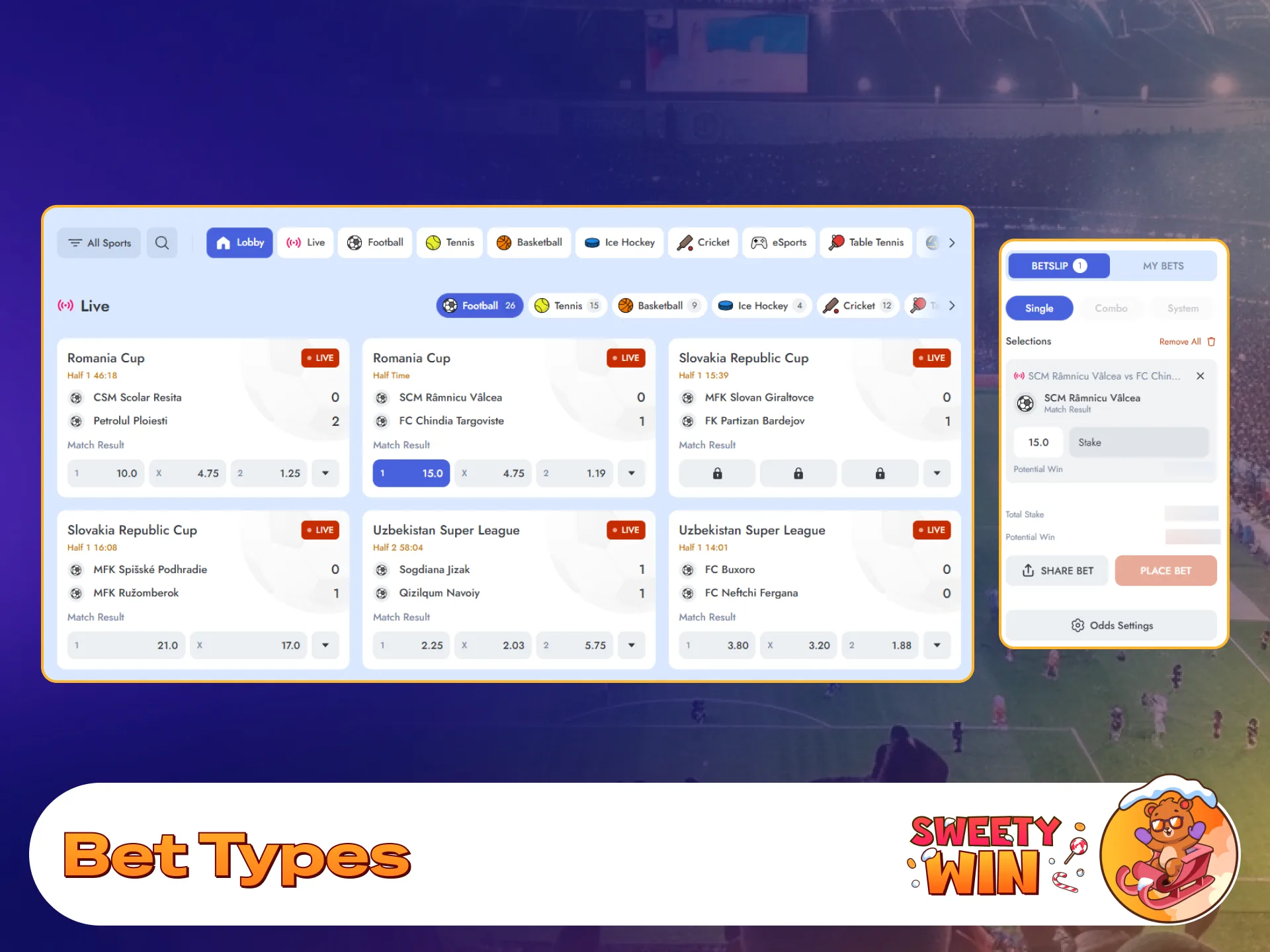Select single, accumulator, or system bets on Sweety Win.