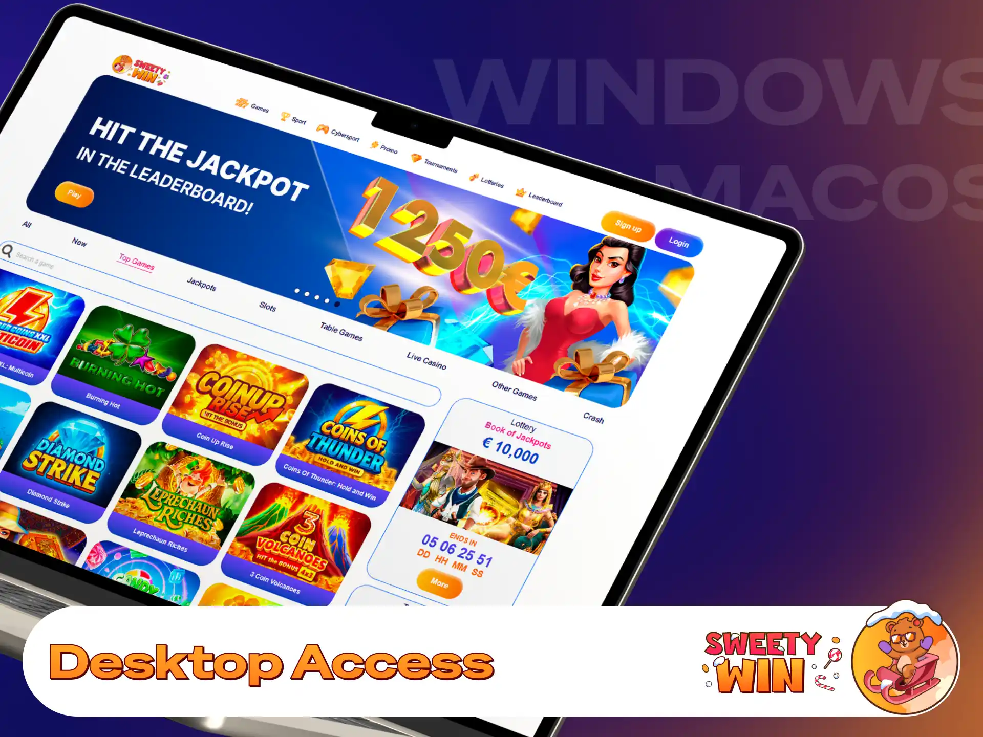 Access full casino features on desktop computers with Sweety Win.