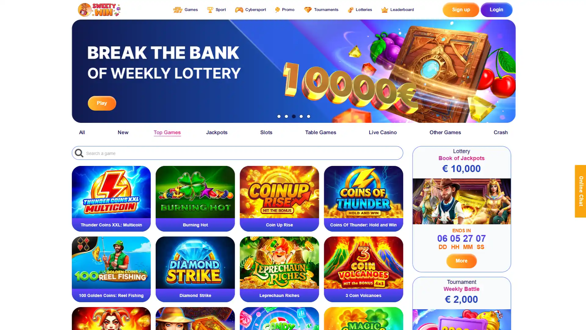 Explore the main homepage layout on Sweety Win Casino.