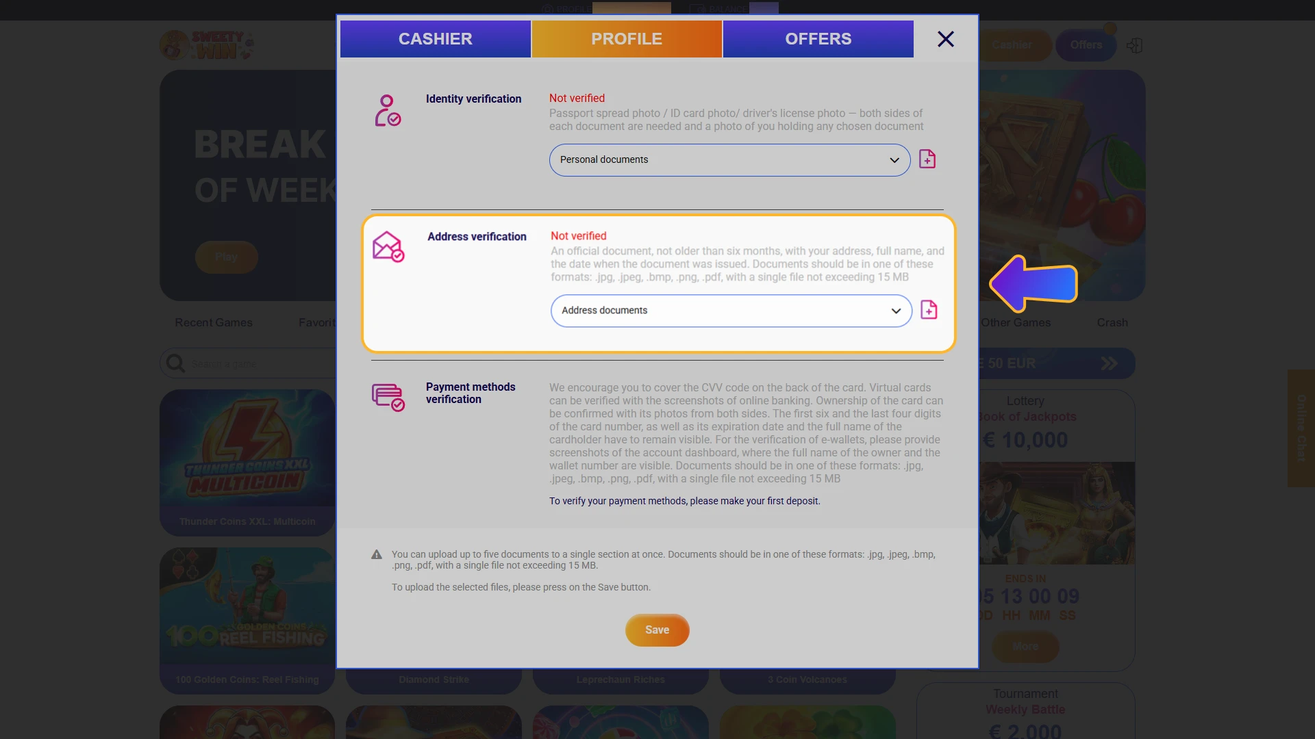 Upload proof of UK residence for Sweety Win account approval.