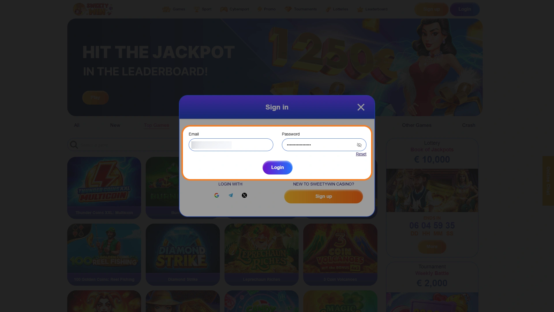 Type your registered login credentials for Sweety Win Casino.