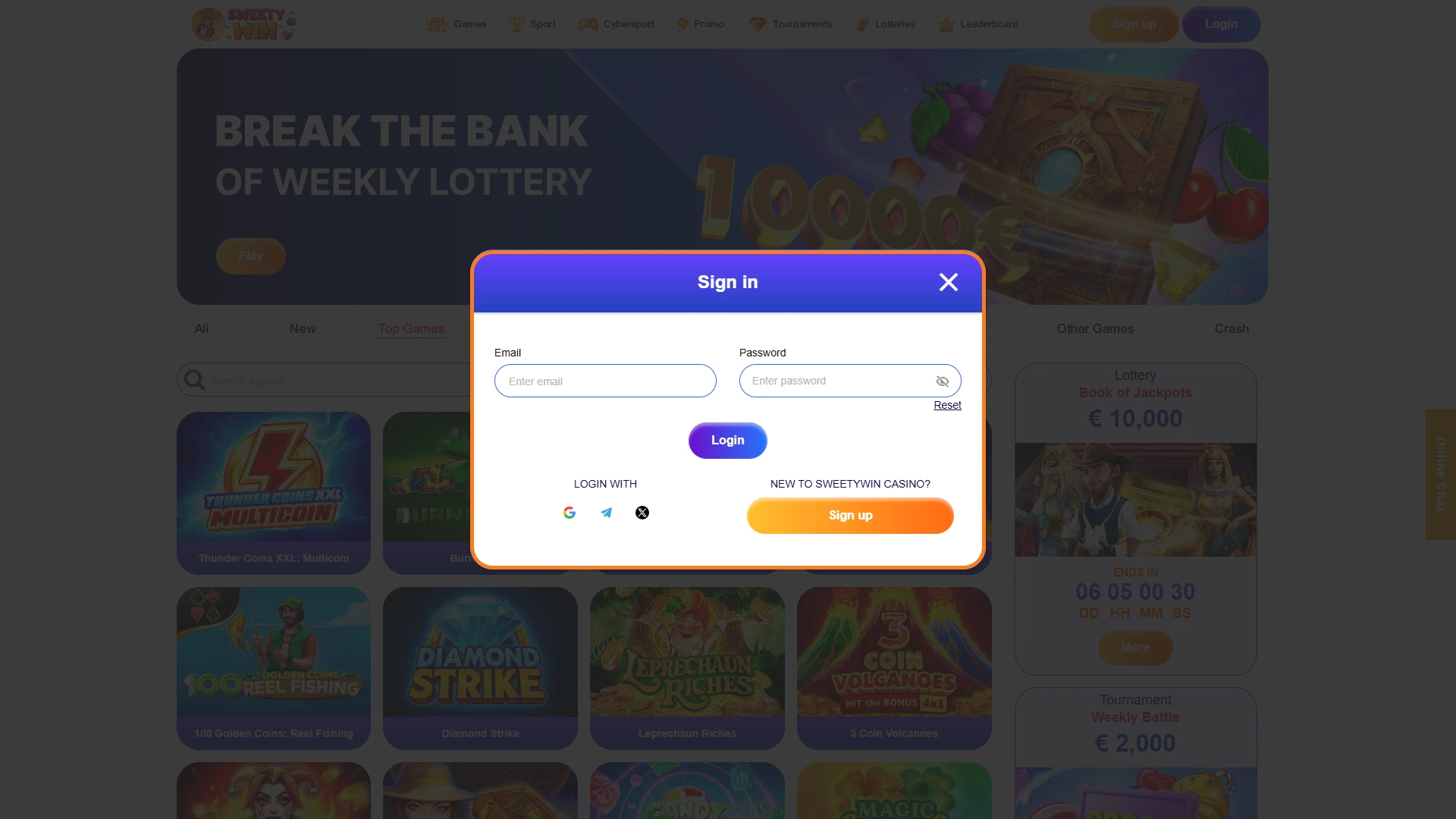 Access the sign-in portal on Sweety Win Casino.