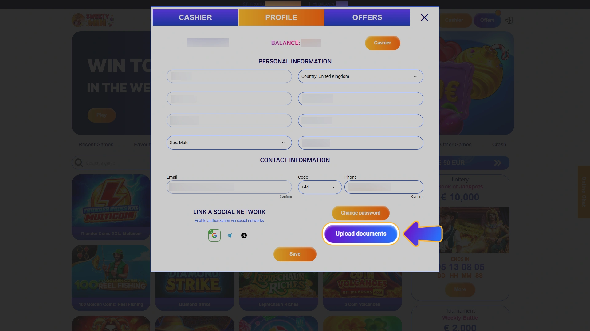 Navigate to the account verification section inside Sweety Win.
