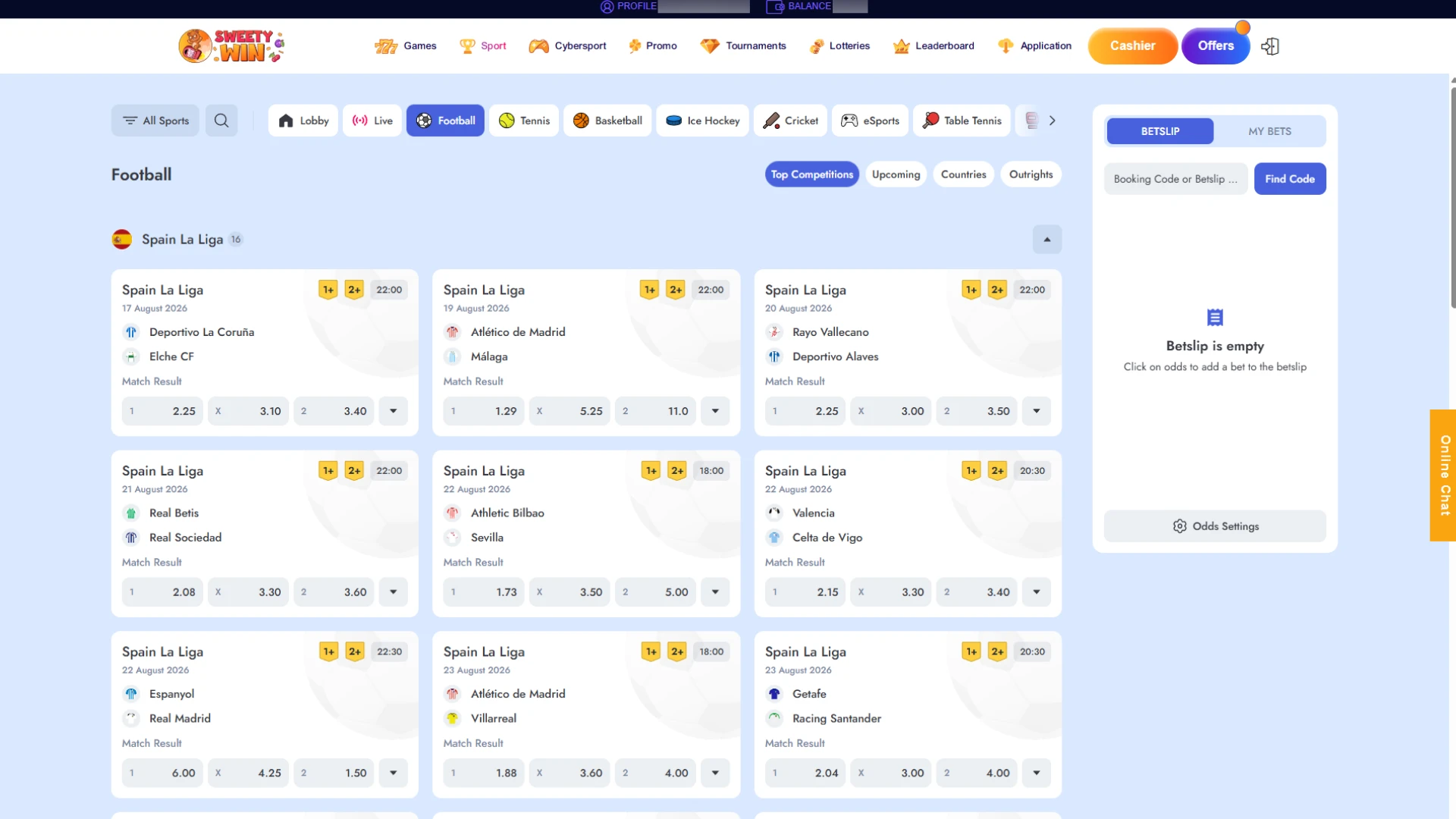 Select your preferred sports event to bet on Sweety Win.