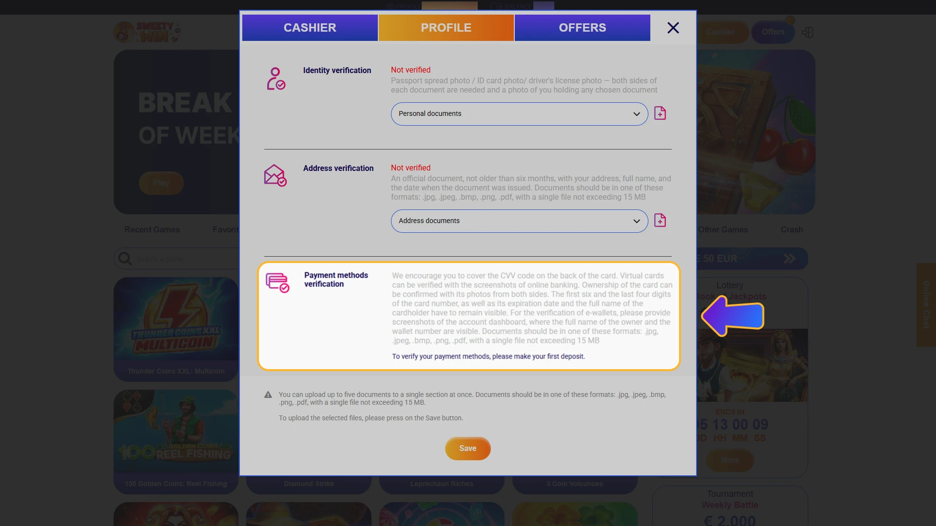 Verify your preferred banking details with Sweety Win support.