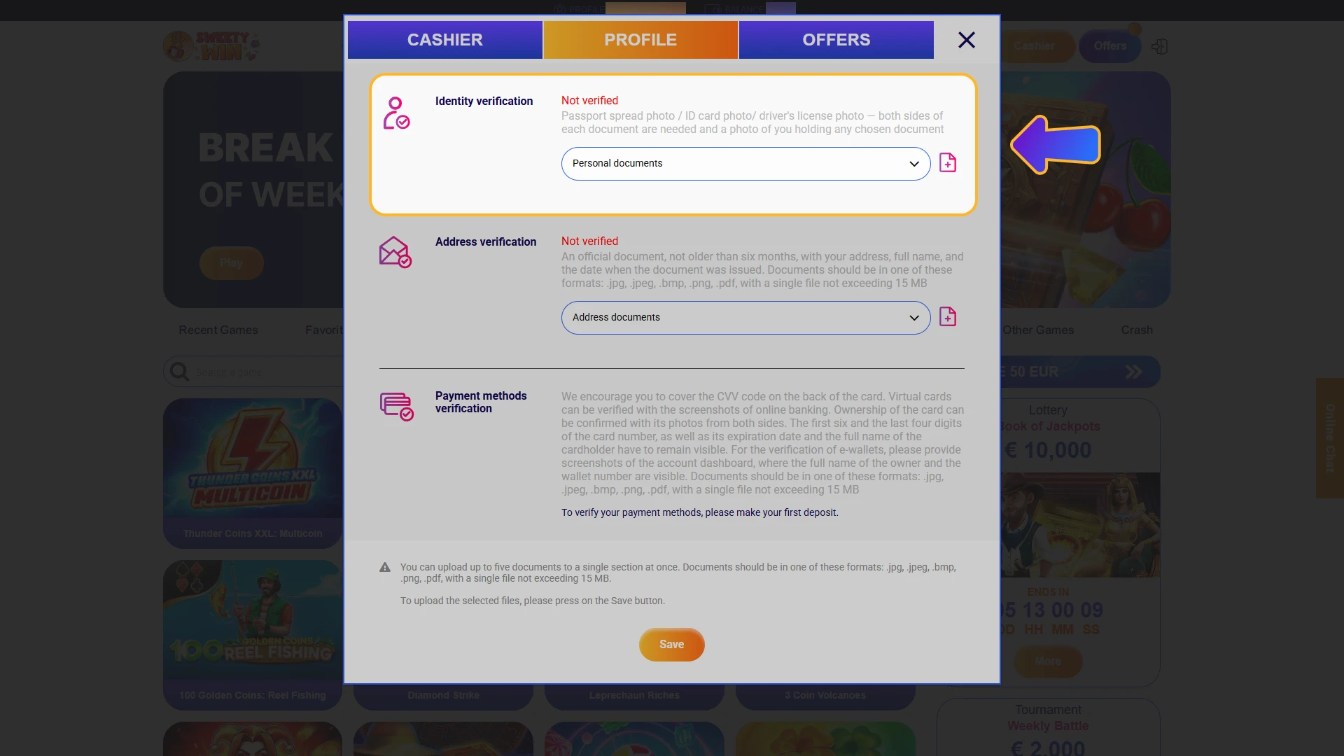 Submit valid photo identification to verify your Sweety Win account.