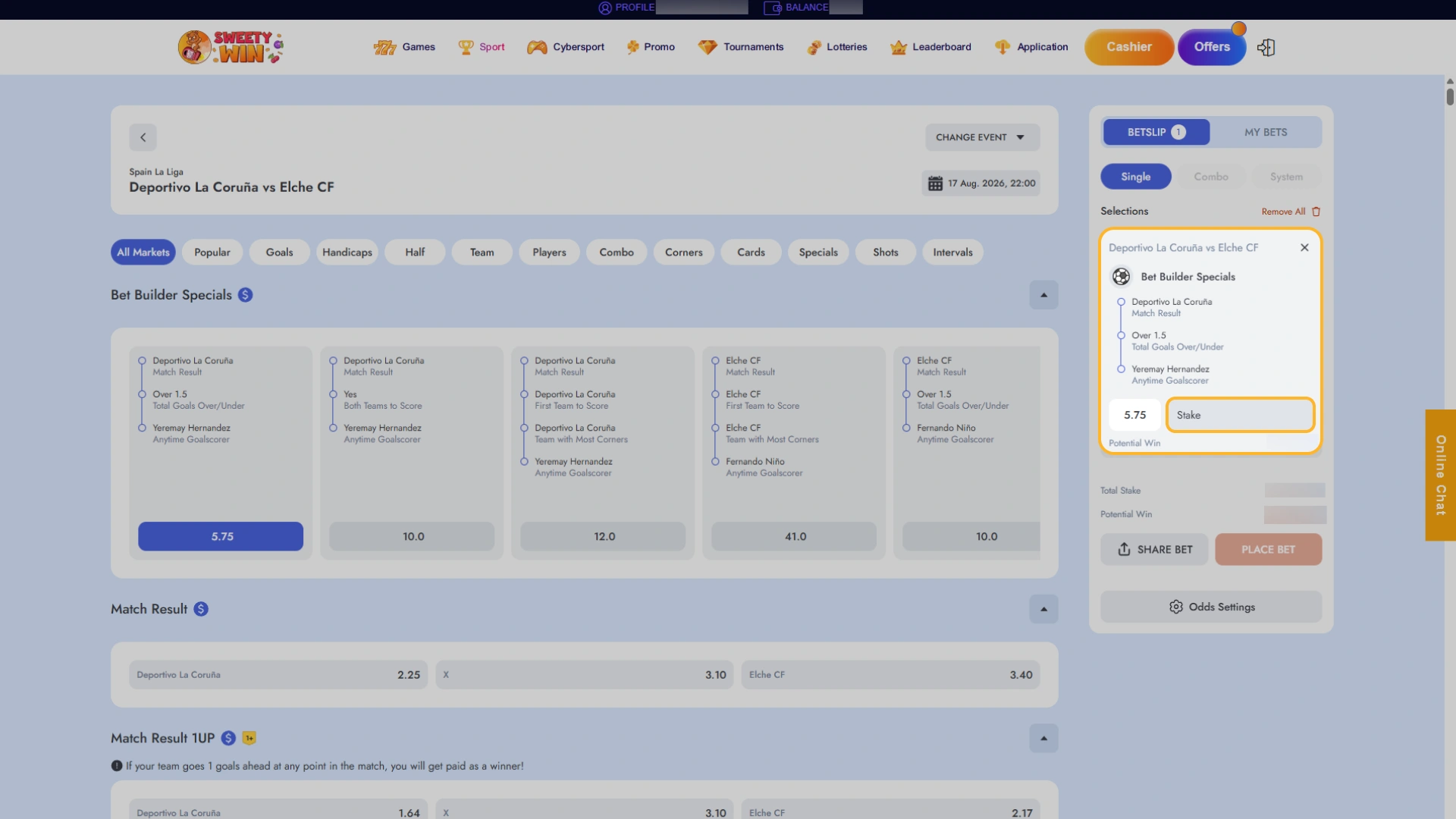 Type your wager amount on the Sweety Win betslip.
