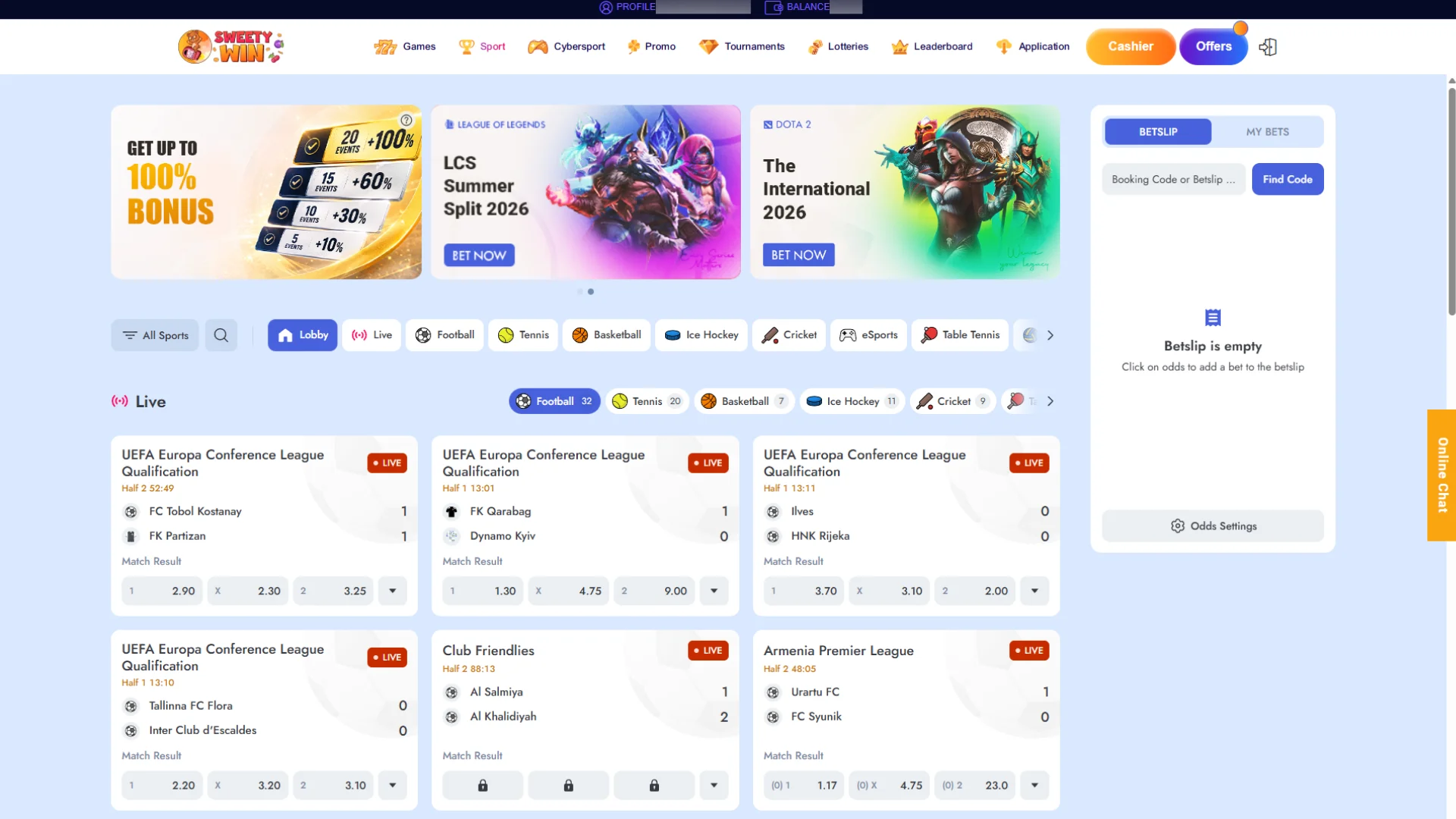 Place sports wagers or play casino games at Sweety Win.