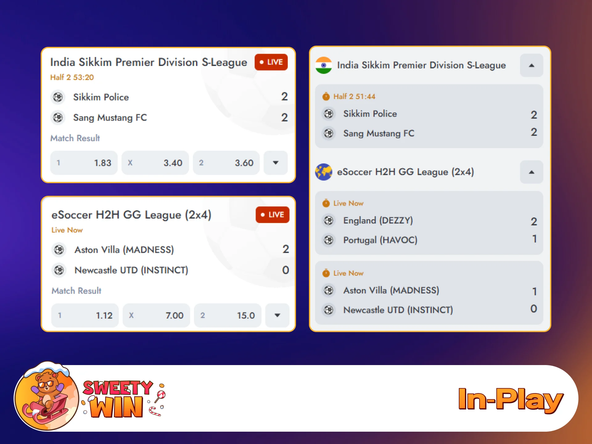 Place live in-play wagers during ongoing matches at Sweety Win.
