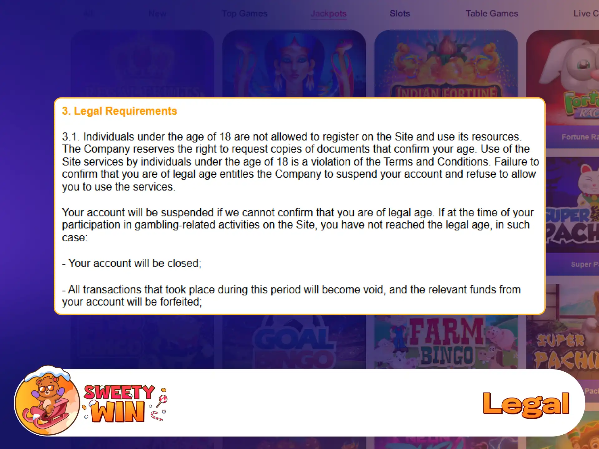 Review official licensing and UK legal status for Sweety Win.