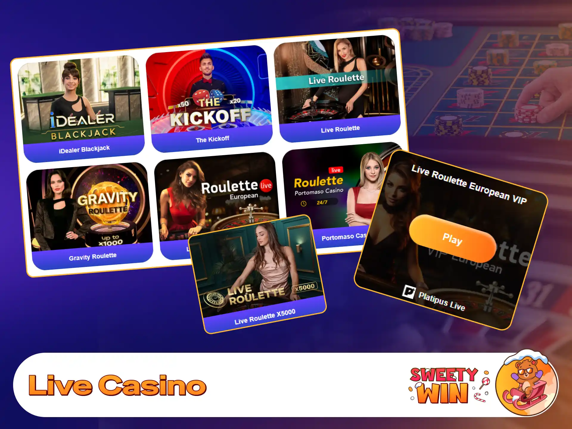 Play real-time games hosted by professional live dealers on Sweety Win.