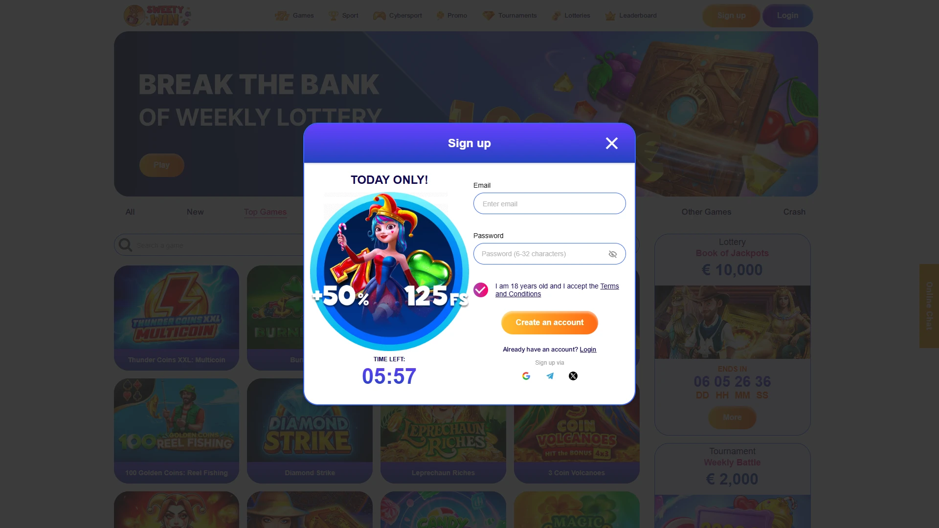 Open a new player account quickly at Sweety Win Casino.