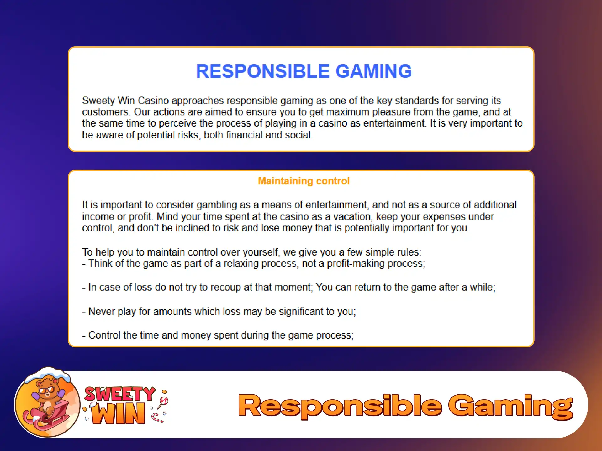 Set personal gambling limits to ensure safe play at Sweety Win.
