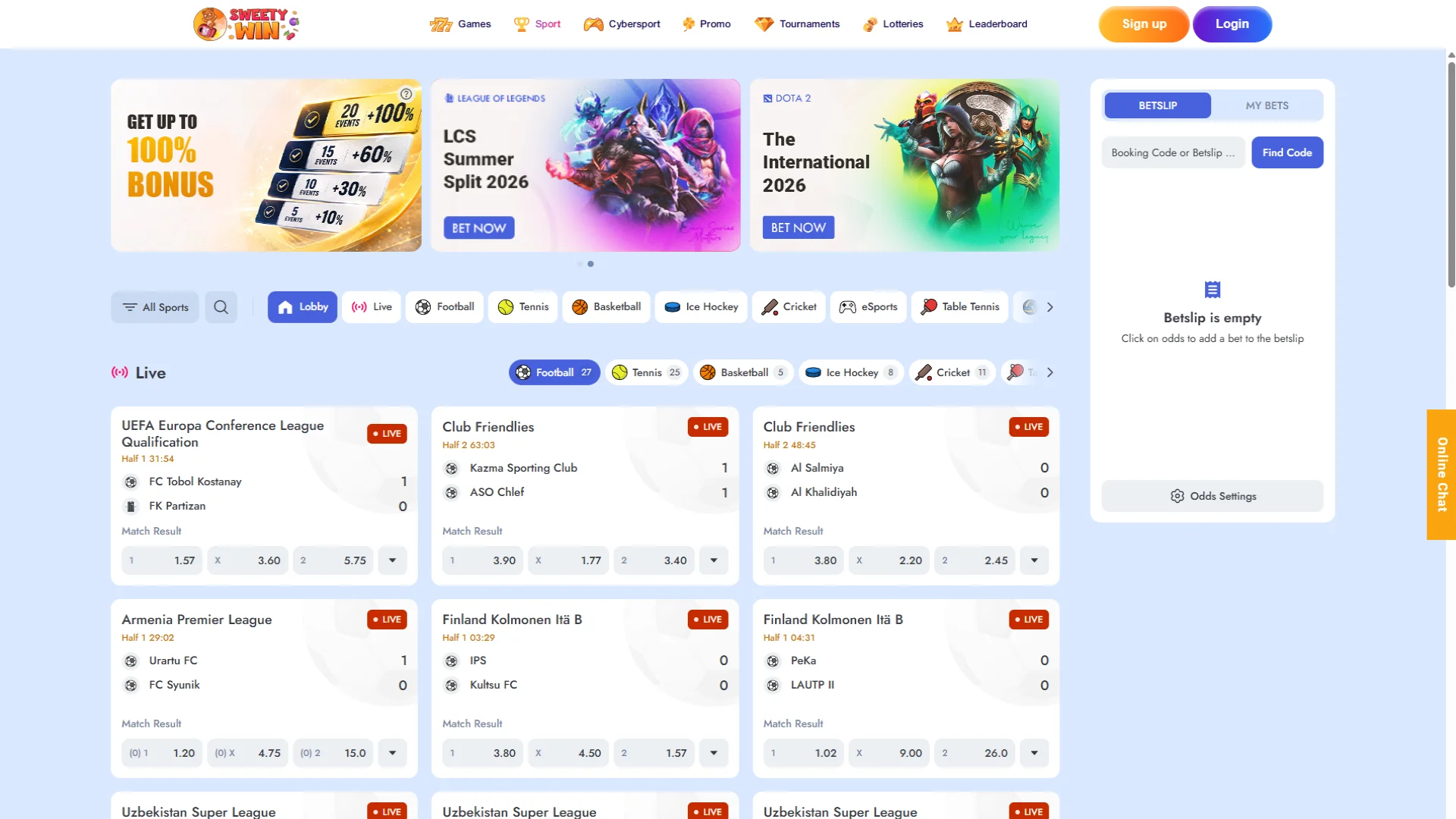 Place wagers on popular global sports events at Sweety Win.