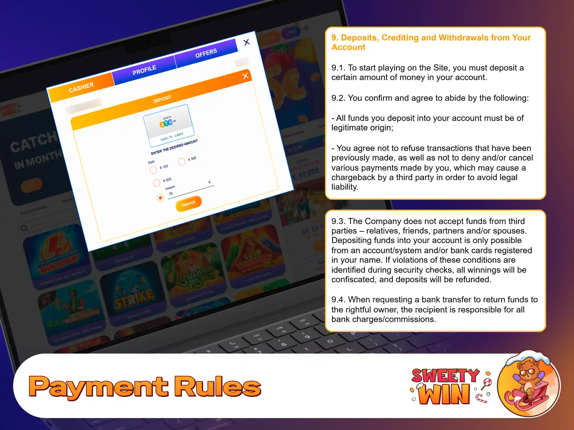 Review transaction policies and withdrawal limits for Sweety Win UK.