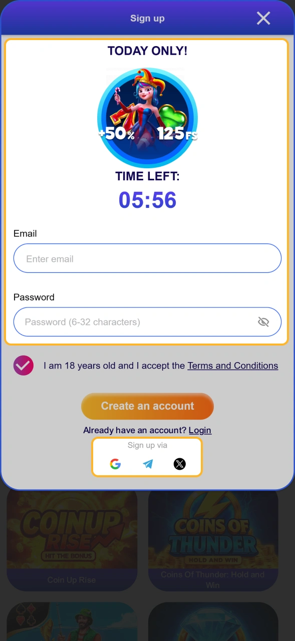 Choose your registration preference inside the Sweety Win Casino app.