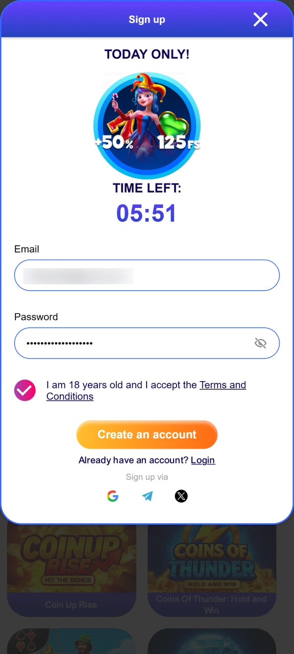 Type your personal details to sign up on Sweety Win.