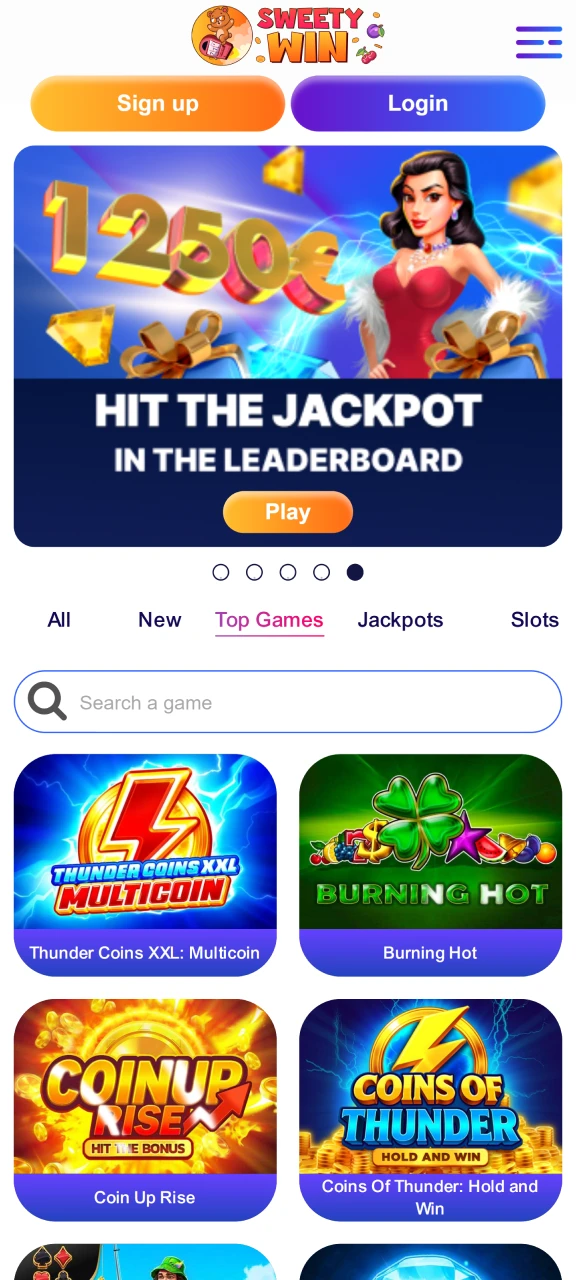 Launch the mobile application to register at Sweety Win Casino.