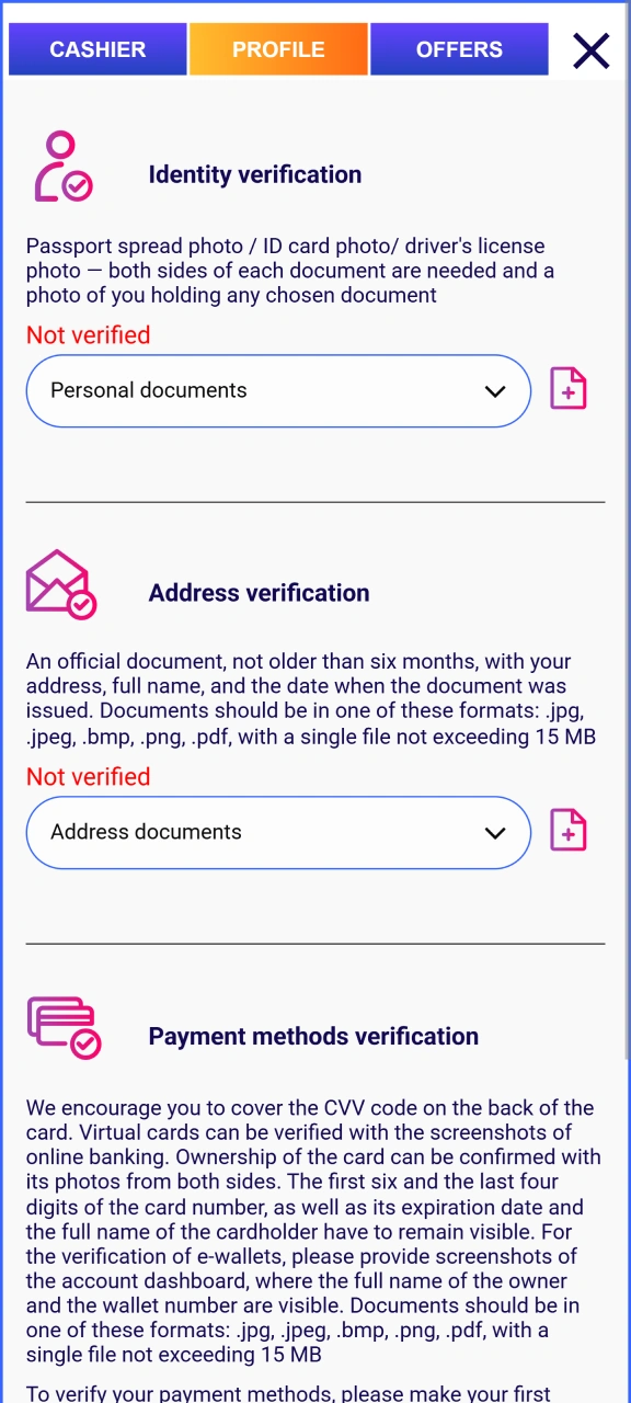Complete account identity checks inside the Sweety Win Casino app.