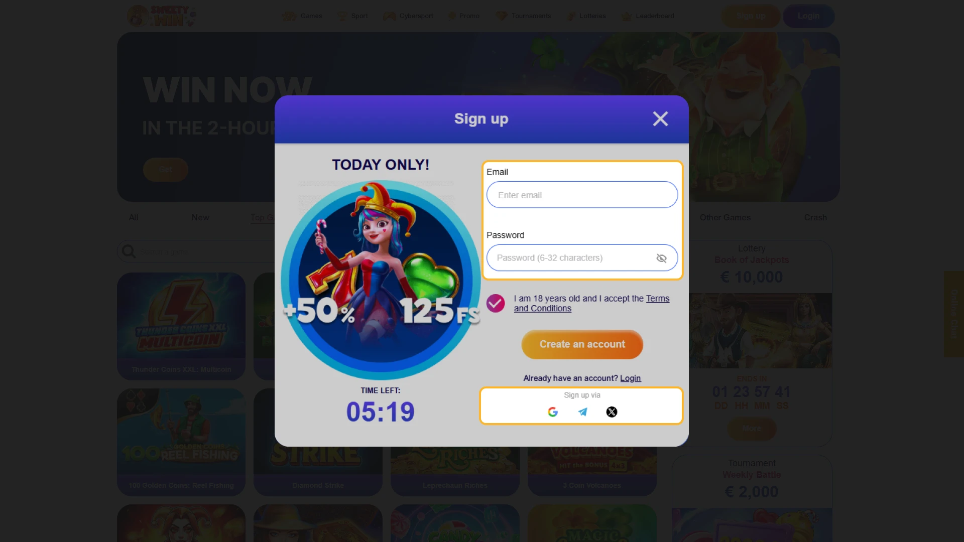 Select your preferred sign-up option on Sweety Win Casino.