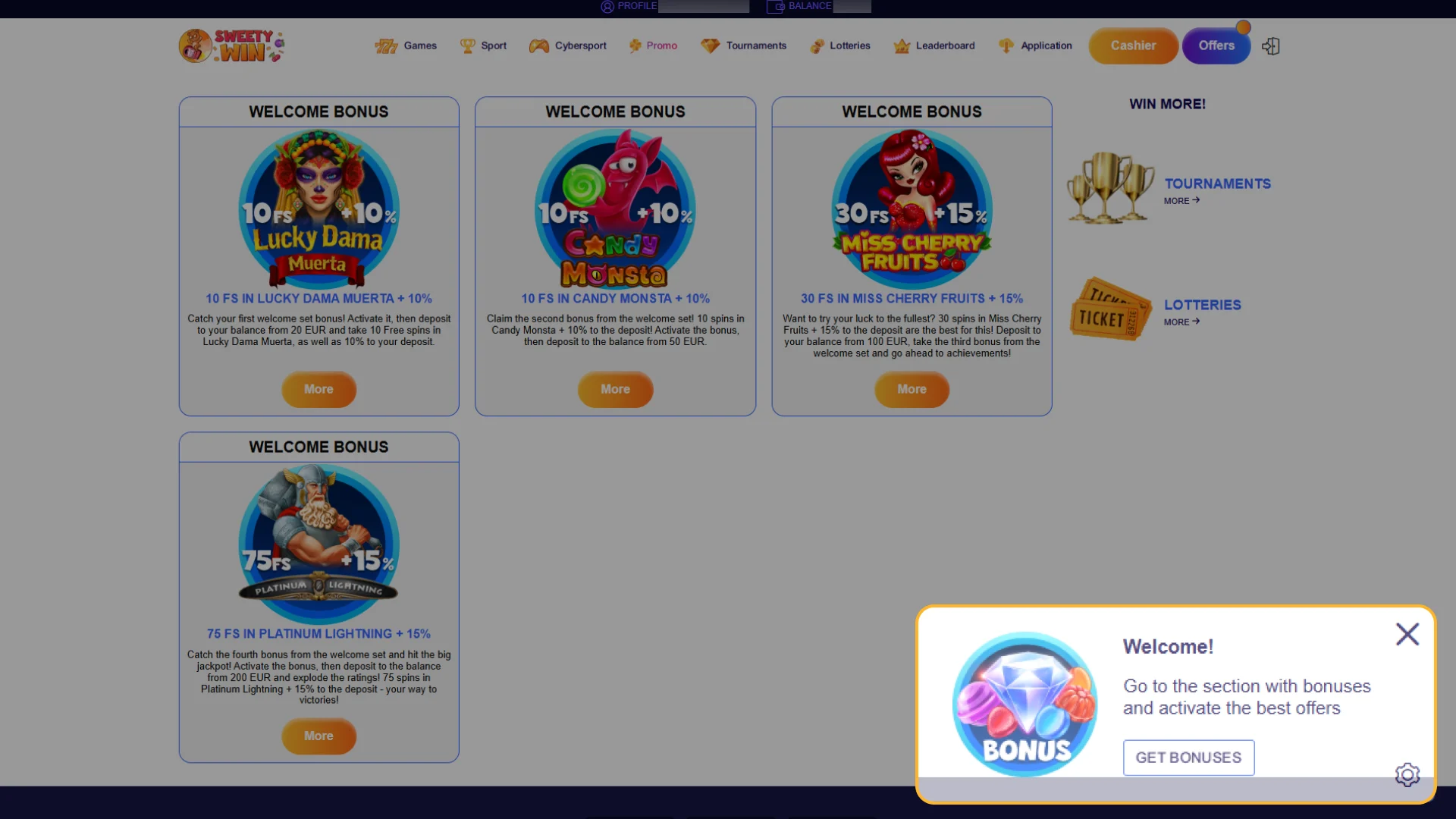 Confirm and activate your chosen bonus offer on Sweety Win.