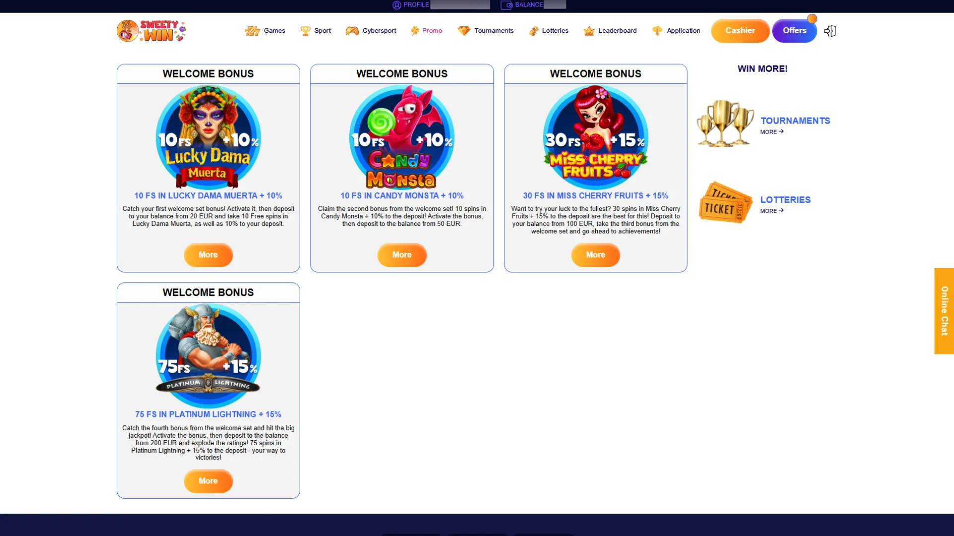 Select your preferred welcome bonus offer in Sweety Win cashier.