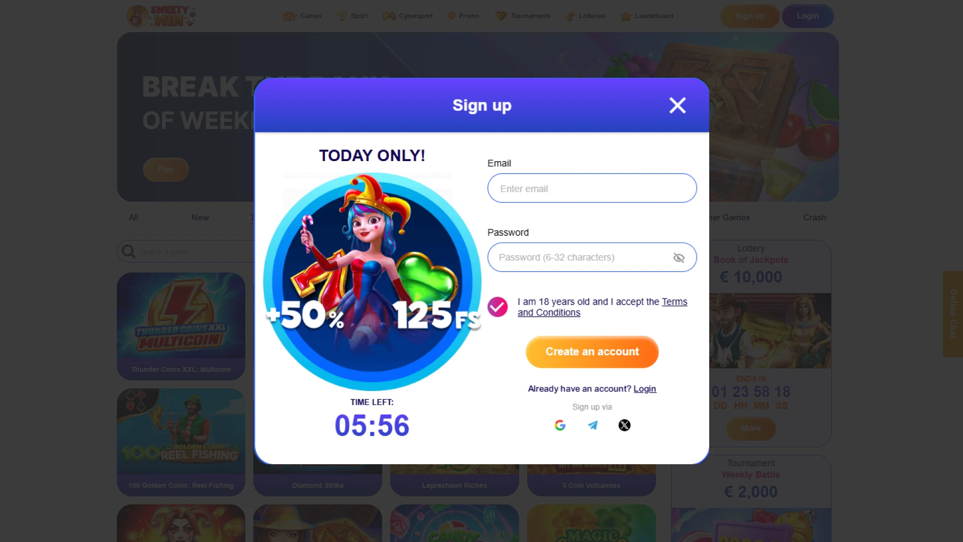 Press the signup button to open Sweety Win Casino registration page.