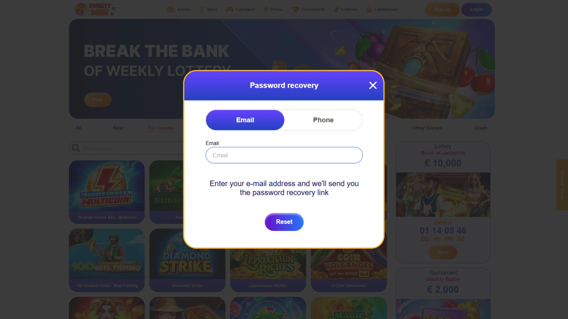 Reset your lost password to recover access to Sweety Win.