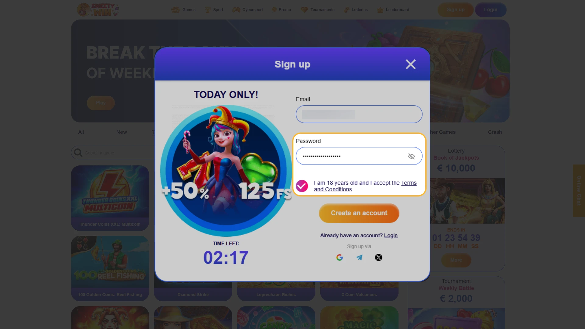 Create a strong password to protect your Sweety Win account.