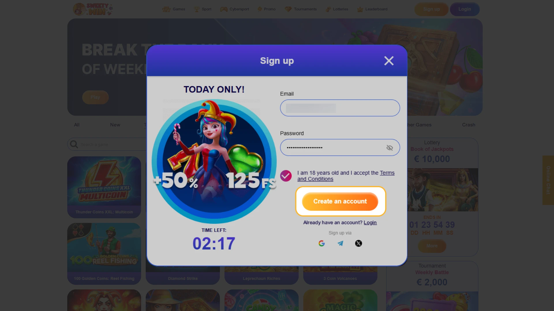 Submit your completed registration form on Sweety Win Casino.