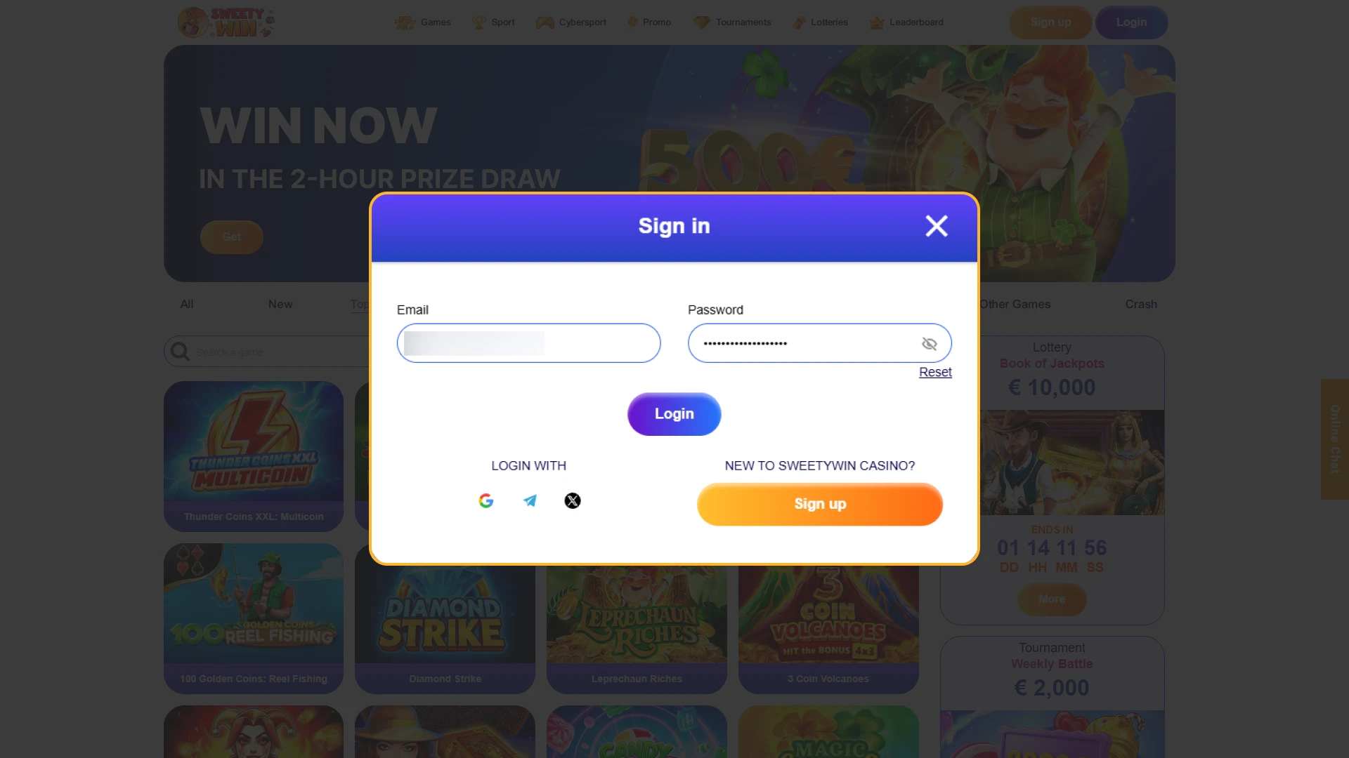 Input your registered username and password on Sweety Win Casino.